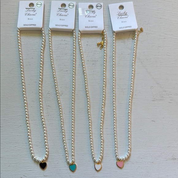 Jewelry - Bundle of 4‎ Gold Dipped Heart Pearl Black Turquoise Pink White Necklaces NWT